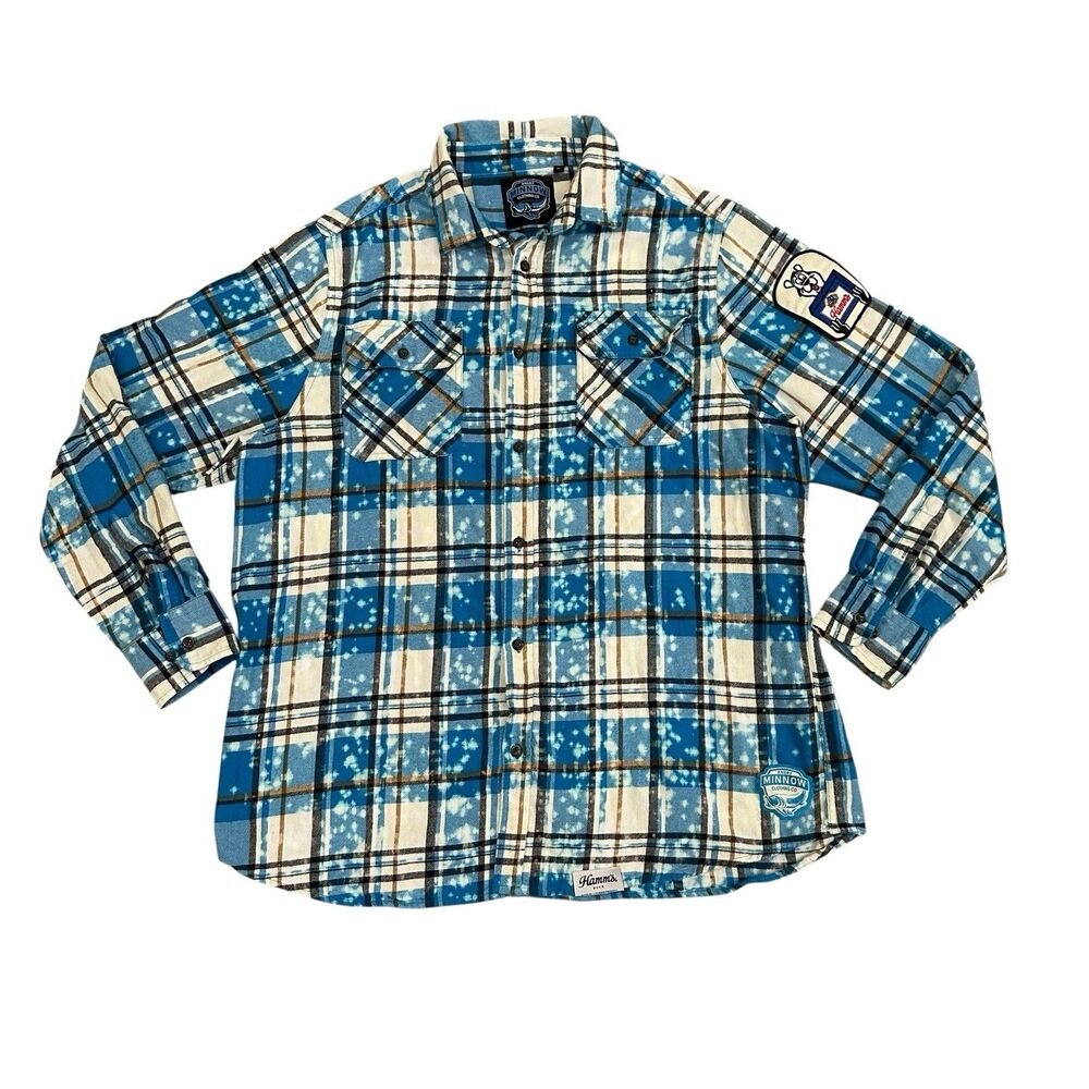 Angry Minnow Hamm's Beer Men’s Plaid Flannel Shirt XL Blue Patch Long Sleeve